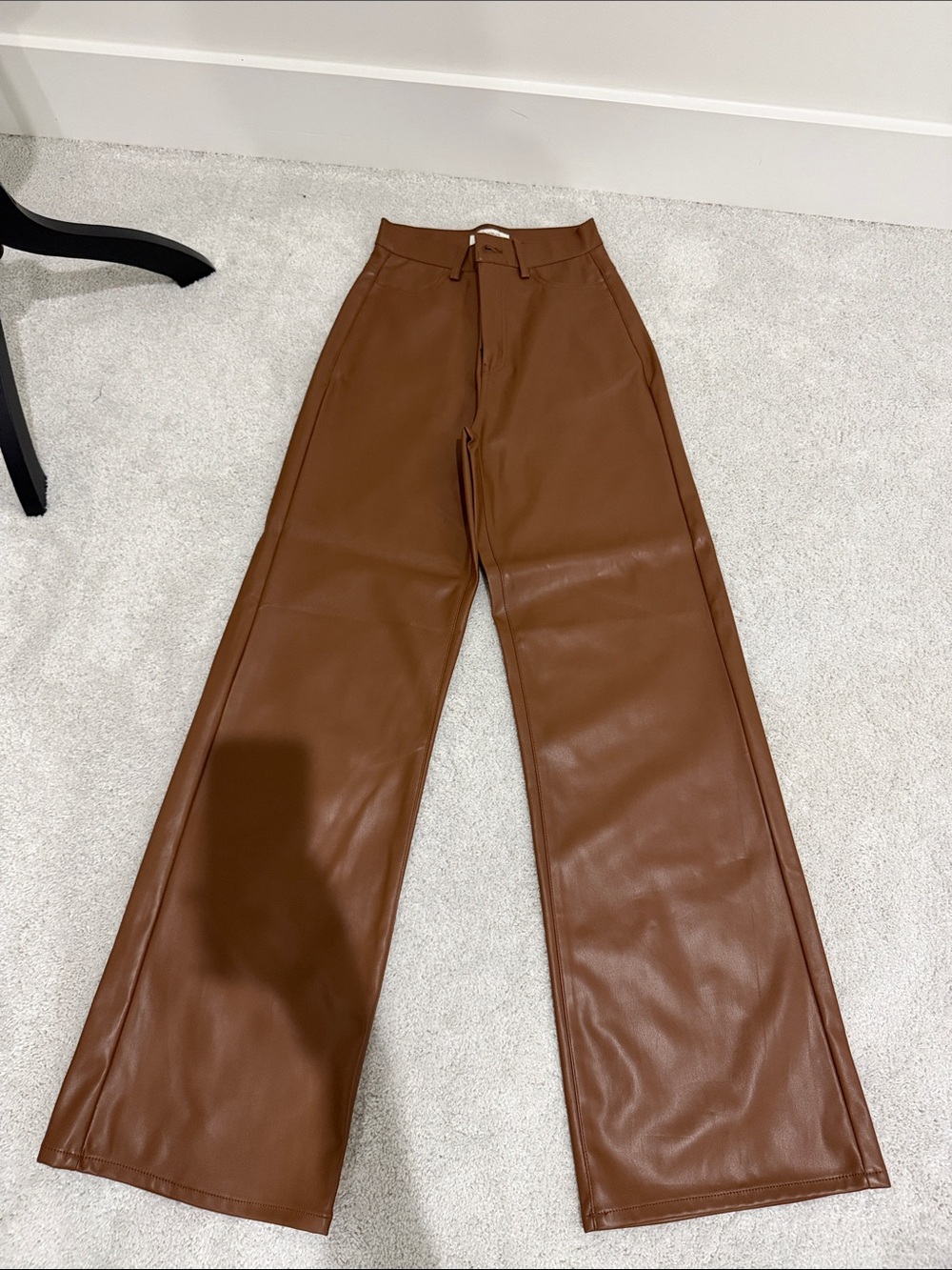 Wide Leg Vegan Leather Pants - Brown